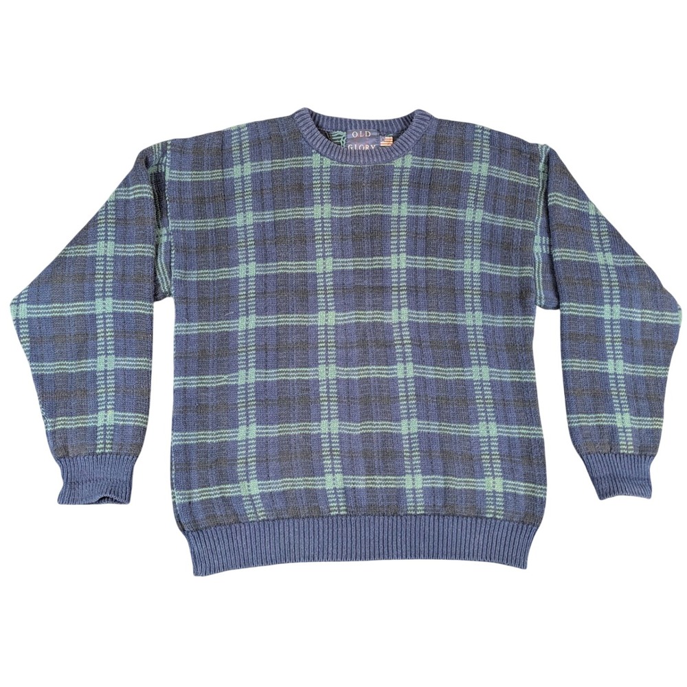 Old Glory Mens Blue Green Plaid Crewneck Sweater 100% Cotton Made in USA Medium